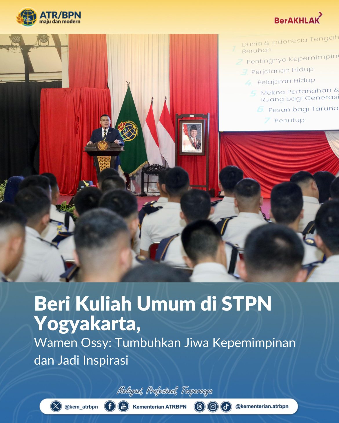 Beri Kuliah Umum di STPN Yogyakarta, Wamen Ossy: Tumbuhkan Jiwa Kepemimpinan dan Jadi Inspirasi