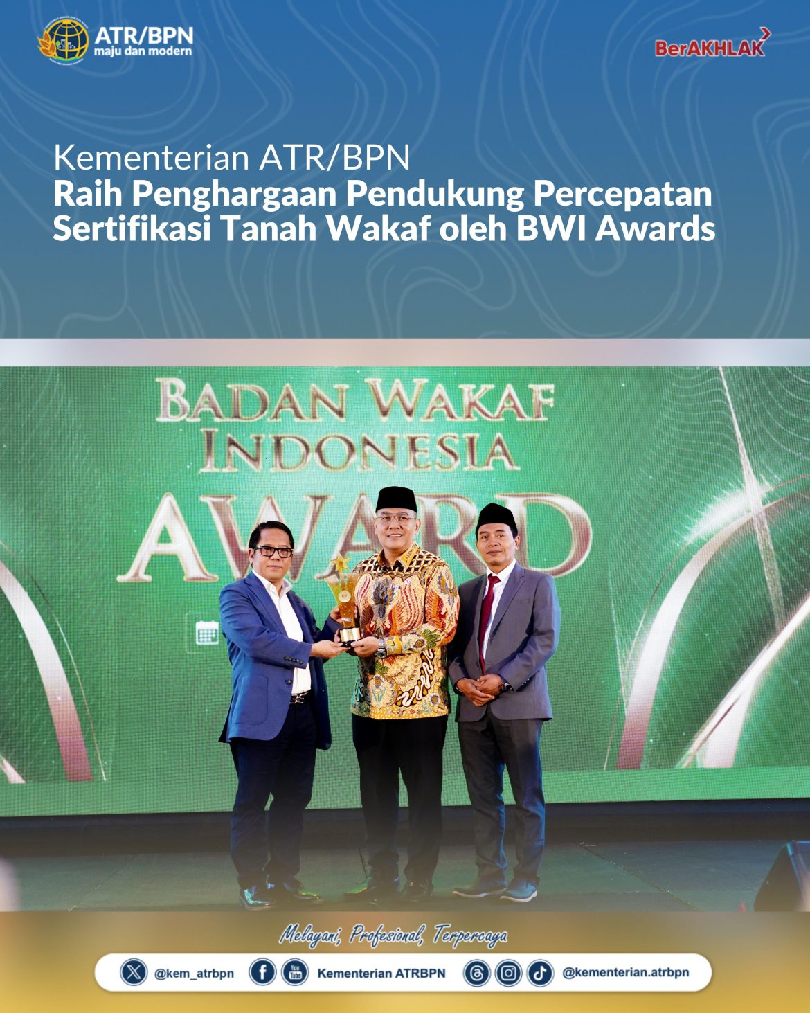 Kementerian ATR/BPN Raih Penghargaan Pendukung Percepatan Sertifikasi Tanah Wakaf oleh BWI Awards