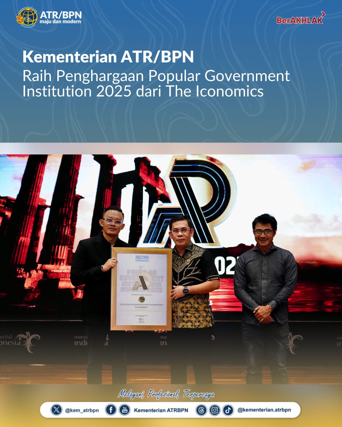 Kementerian ATR/BPN Raih Penghargaan Popular Government Institution 2025 dari The Iconomics