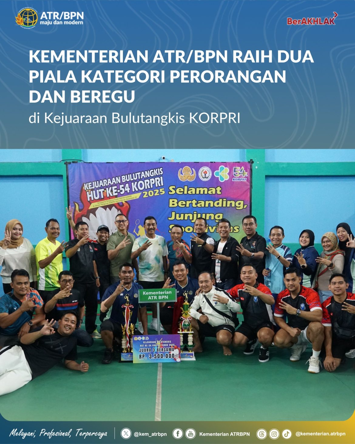 Kementerian ATR/BPN Raih Dua Piala Kategori Perorangan dan Beregu di Kejuaraan Bulutangkis KORPRI