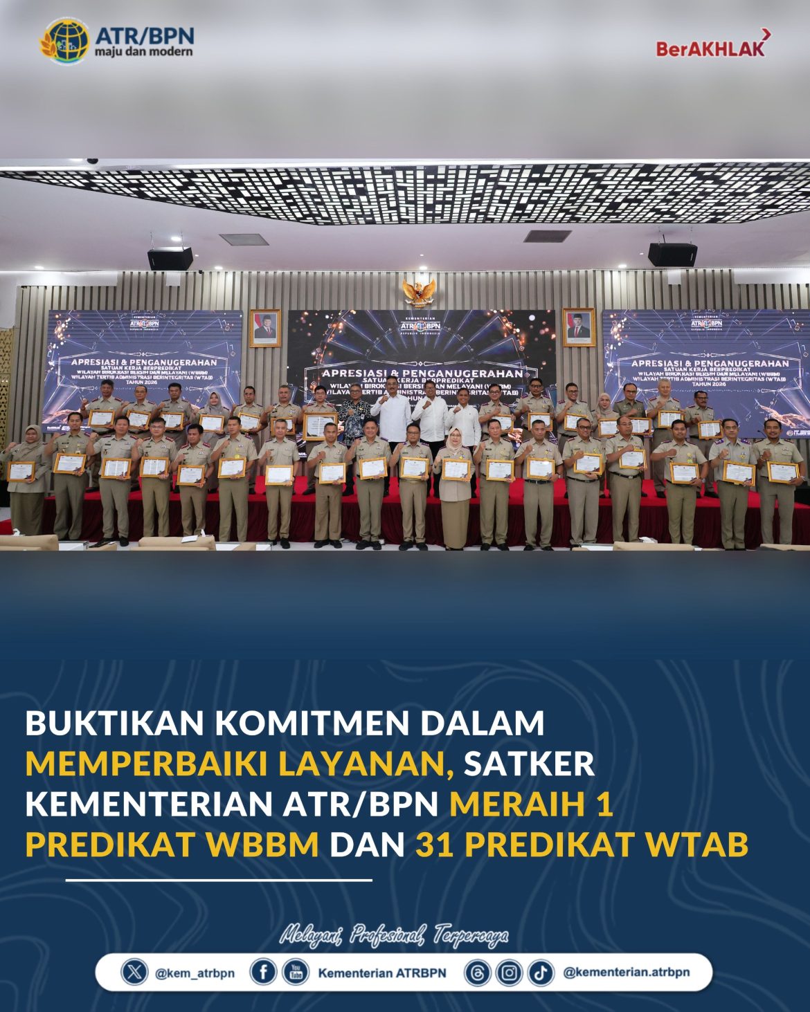 Buktikan Komitmen dalam Memperbaiki Layanan, Satker Kementerian ATR/BPN Meraih 1 Predikat WBBM dan 31 Predikat WTAB