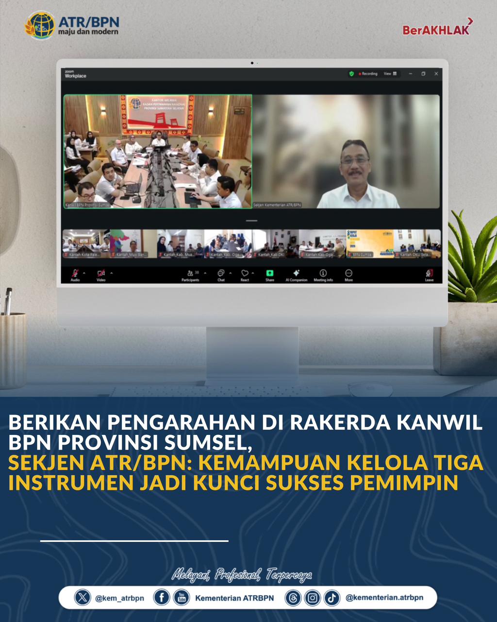 Berikan Pengarahan di Rakerda Kanwil BPN Provinsi Sumsel, Sekjen ATR/BPN: Kemampuan Kelola Tiga Instrumen Jadi Kunci Sukses Pemimpin