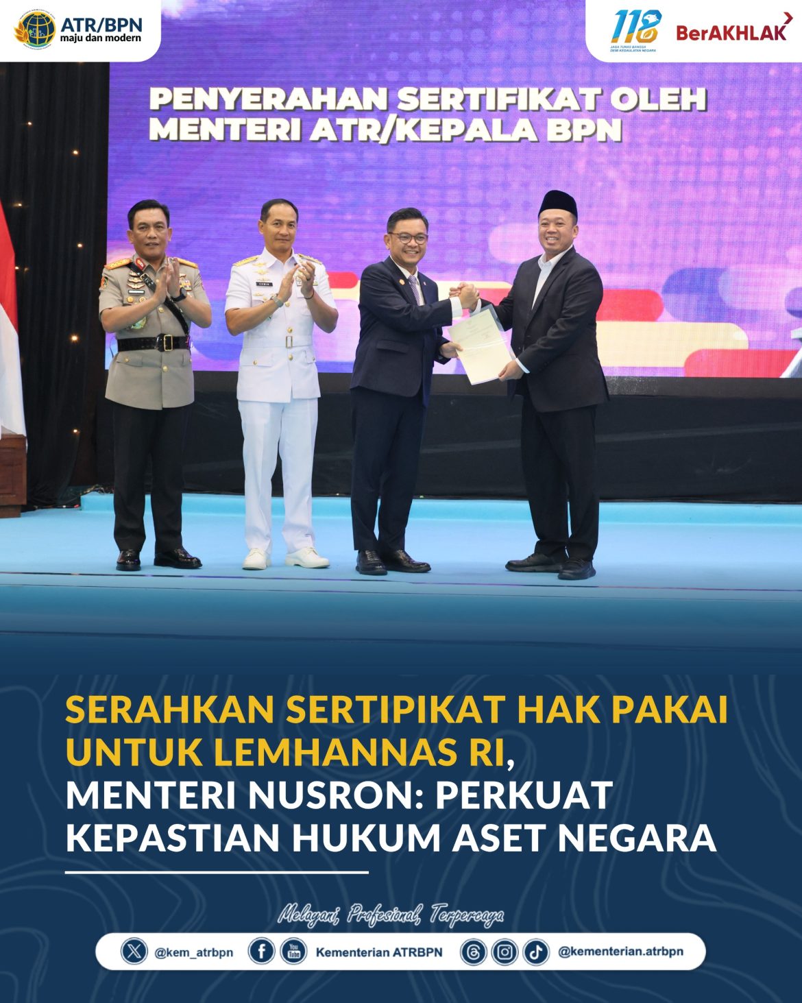 Serahkan Sertipikat Hak Pakai untuk Lemhannas RI, Menteri Nusron: Perkuat Kepastian Hukum Aset Negara