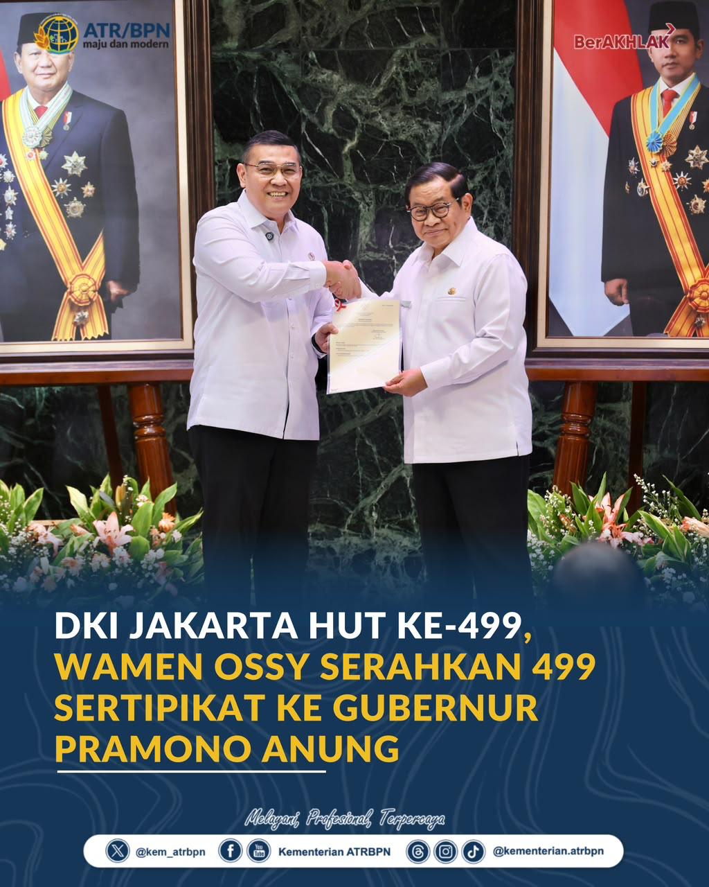 DKI Jakarta HUT ke-499, Wamen Ossy Serahkan 499 Sertipikat ke Gubernur Pramono Anung