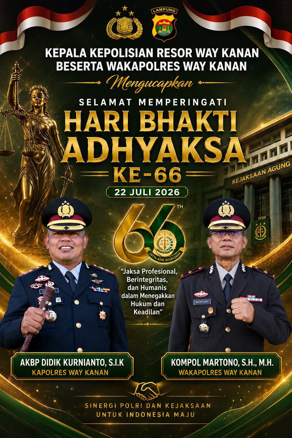 Kapolres dan Waka Polres Way Kanan Ucapkan Selamat Hari Bhakti Adhyaksa ke-66