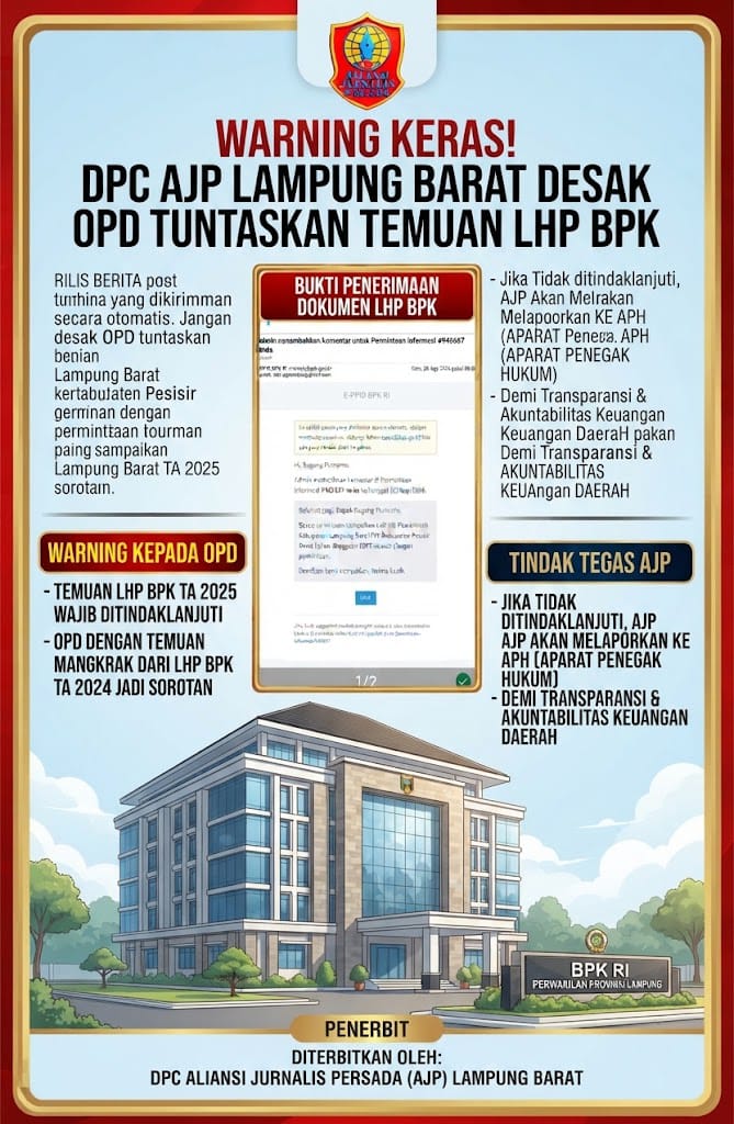 WARNING KERAS !! DPC AJP Lampung Barat Desak OPD Tuntaskan Temuan LHP BPK, Ancam Laporkan ke APH