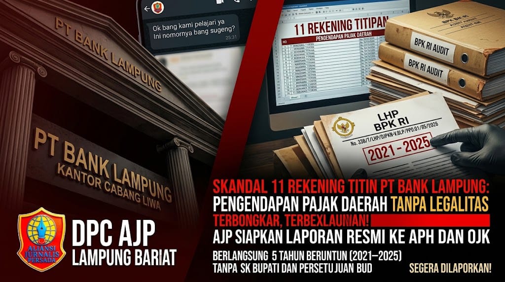 Skandal 5 Tahun 11 Rekening Titipan PT Bank Lampung: Pengendapan Pajak Daerah Tanpa SK Bupati Terbongkar, AJP Siapkan Laporan Resmi ke APH dan OJK