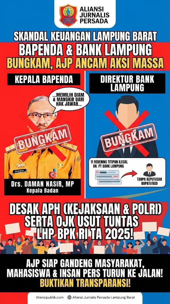 Skandal Keuangan di Lampung Barat: BAPENDA dan Bank Lampung Bungkam, AJP Ancam Gelar Aksi Massa Desak APH Usut Tuntas LHP BPK
