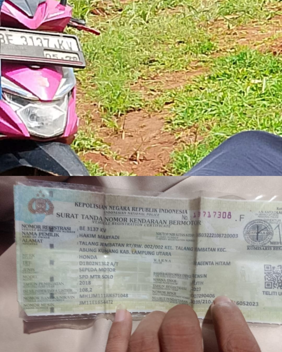 Motor Honda Beat Tahun 2018 Plat BE 3137 KV Milik Warga Talang Jembatan Hilang