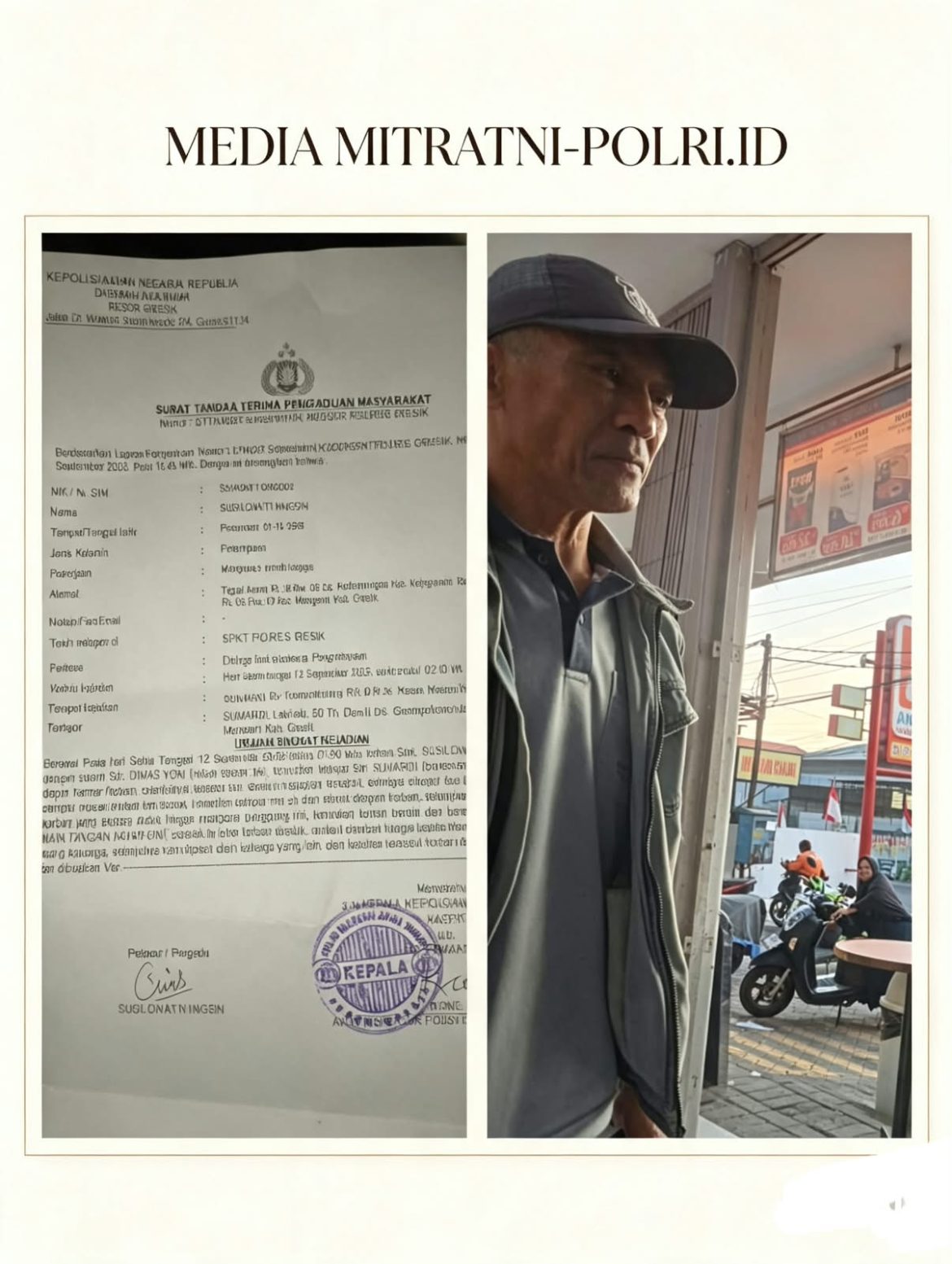 Diduga Aniaya Menantu, Pria Asal Menganti, Desa Gempol Kurung RT 04, RW 05, Dilaporkan ke Polres Gresik