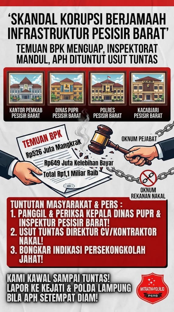 Korupsi Berjamaah di Sektor Infrastruktur Pesisir Barat, Temuan BPK Menguap Inspektorat Mandul, APH Dituntut Segera Usut Tuntas