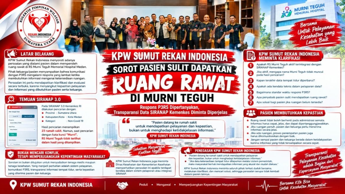 Pasien Kesulitan Mendapatkan Ruang Rawat di Murni Teguh, KPW Rekan Indonesia Sumut Pertanyakan Respons PERS dan Data SIRANAP