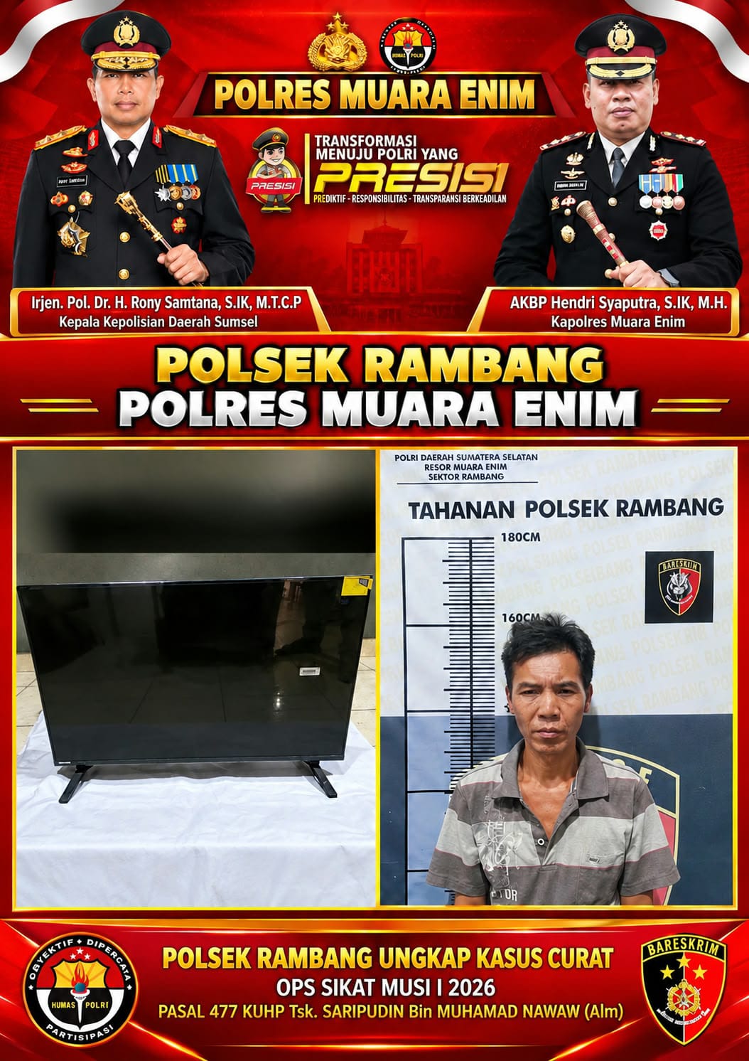 Polsek Rambang Ungkap Kasus Curat dalam Ops Sikat Musi I 2026, Seorang Pria Di amankan Bersama TV Hasil Curian