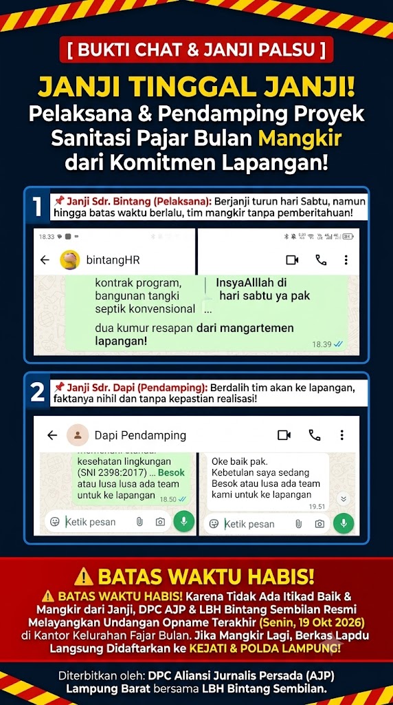 Janji Pelaksana & Pendamping Cuma ‘Angin Segar’, DPC AJP dan LBH Bintang Sembilan Layangkan Undangan Resmi Opname Lapangan Proyek Sanitasi Pajar Bulan