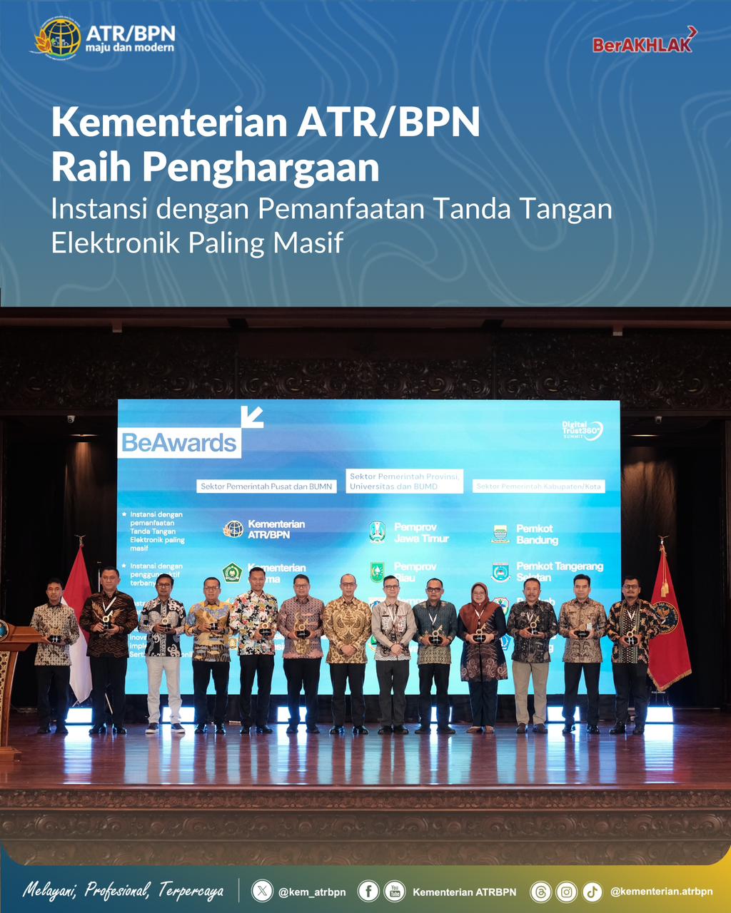 Kementerian ATR/BPN Raih Penghargaan Instansi dengan Pemanfaatan Tanda Tangan Elektronik Paling Masif